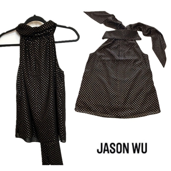 Jason Wu Polka Dot No Sleeve Draped Neck Top with Scarf Sheer Black Gold NWT - Picture 1 of 16